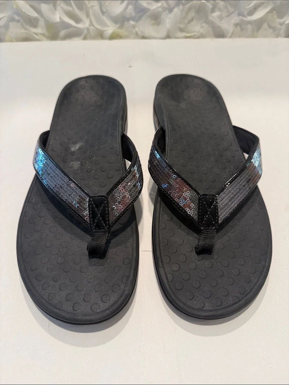 Vionic Black Sequin Strap Flip Flops with Iridescent Shine